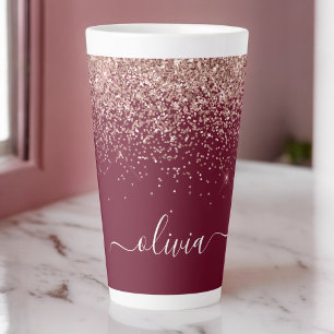 Tasse Latte Blush Rose Gold Burgundy Monogramme Pailleté