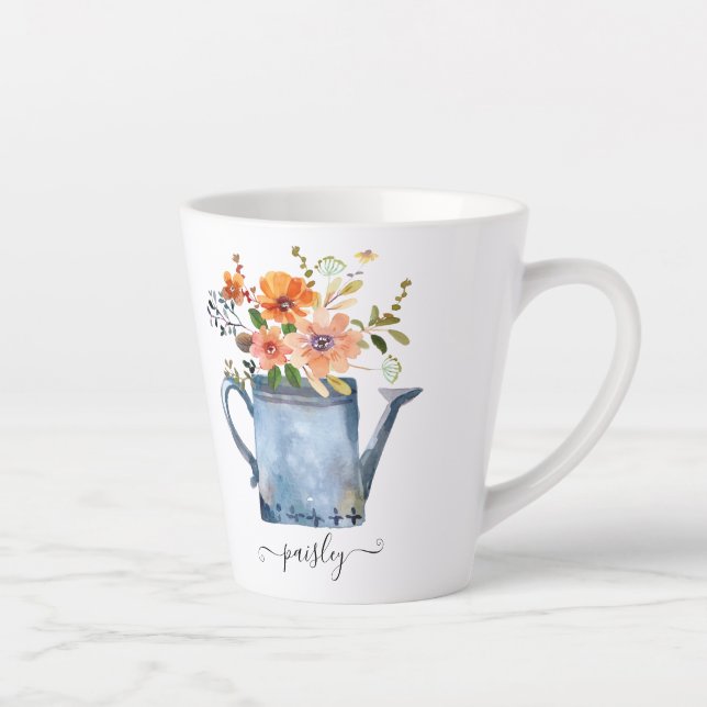Tasse Latte Boho Rust Orange Aquarelle Fleurs Arrosage Can (Droite)