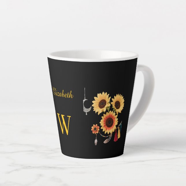 Tasse Latte Boho Sunflower Nom personnalisé Floral Cadeau noir (Angle droit)