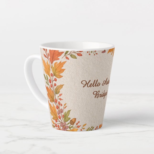 Tasse Latte bois rustique & hygge feuille bonjour automne (Angle gauche)