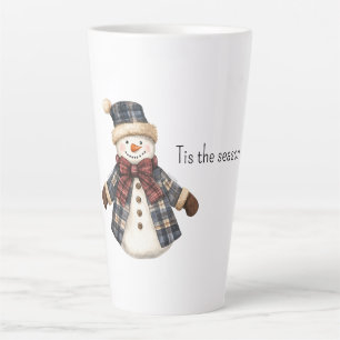Tasse Latte Bonhomme de neige de Noël à carreaux rouges et ble