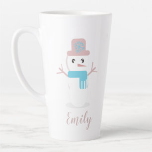 Tasse Latte Bonhomme de neige de Noël Pastel Rose Nom  