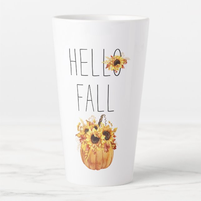 Tasse Latte Bonjour Automne Aquarelle Tournesols Et Citrouille (Devant)