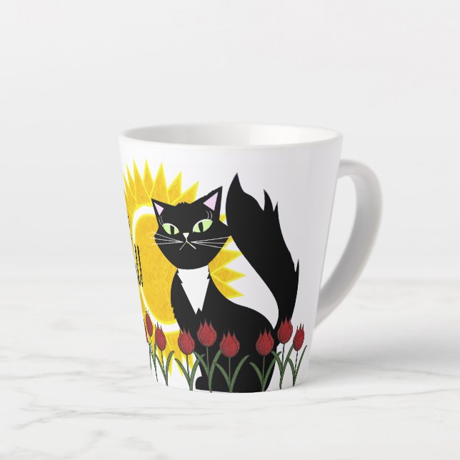 Tasse Latte Bonjour Beau! Chat avec soleil et tulipes (Angle droit)