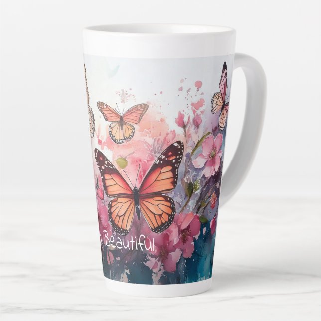 Tasse Latte Bonjour Belle, avec Papillons et Fleurs (Angle droit)