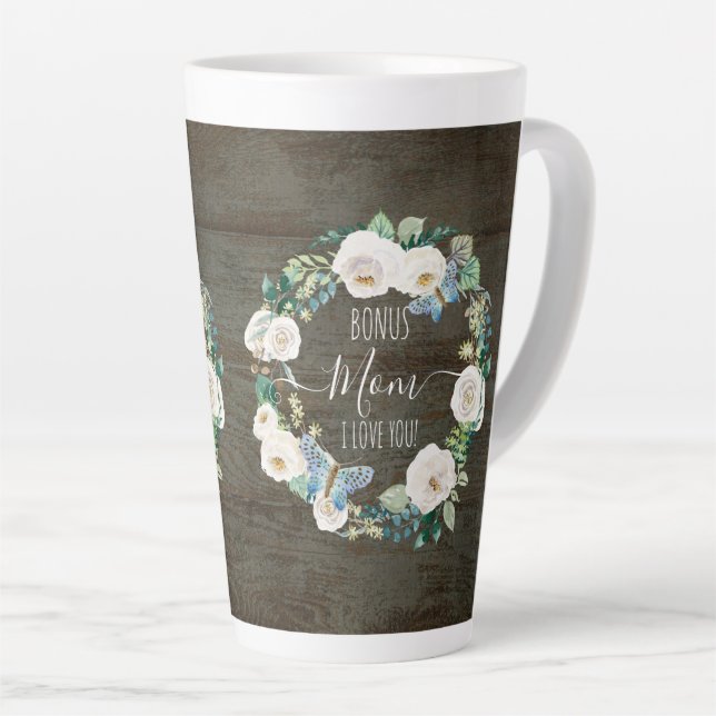 Tasse Latte Bonus Maman Je T'Aime, Rustique Blanc Floral Wreat (Angle droit)