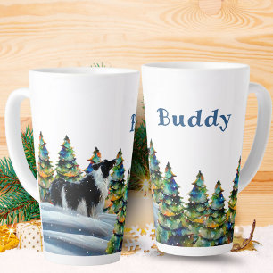 Tasse Latte Border Collie dans la forêt enneigée d'hiver Arbre