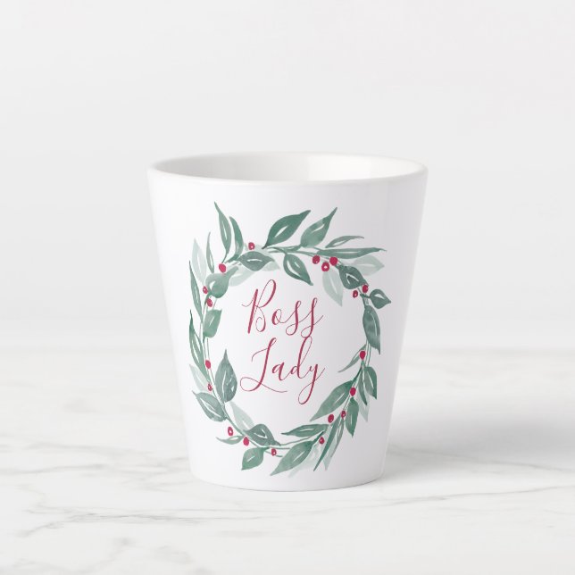 Tasse Latte Boss Lady Boho Verdure Wreath Red Berries Holiday (Devant)
