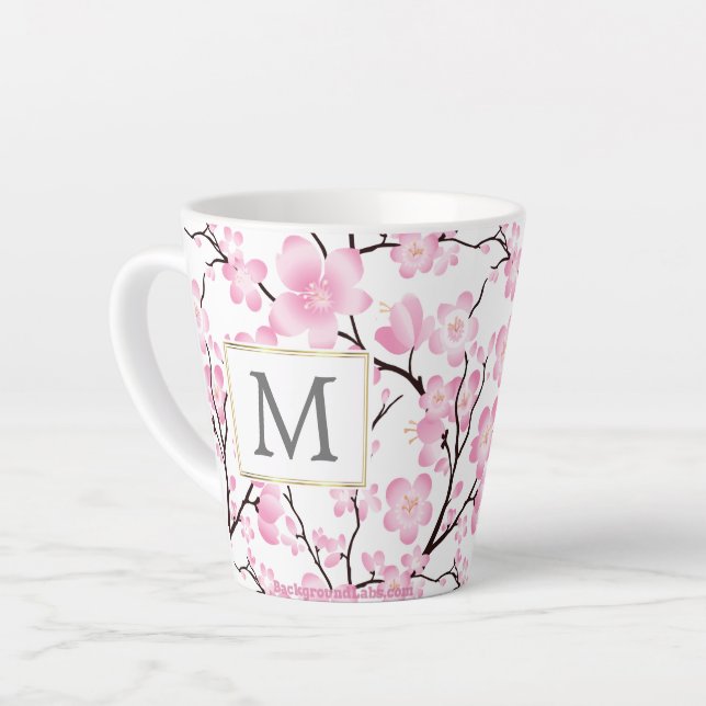 Tasse Latte boue de cerisier rose blanc initial personnalisabl (Angle gauche)