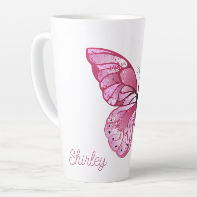 Tasse Latte Bouge en latte en fleur de papillon avec nom perso (Angle gauche)