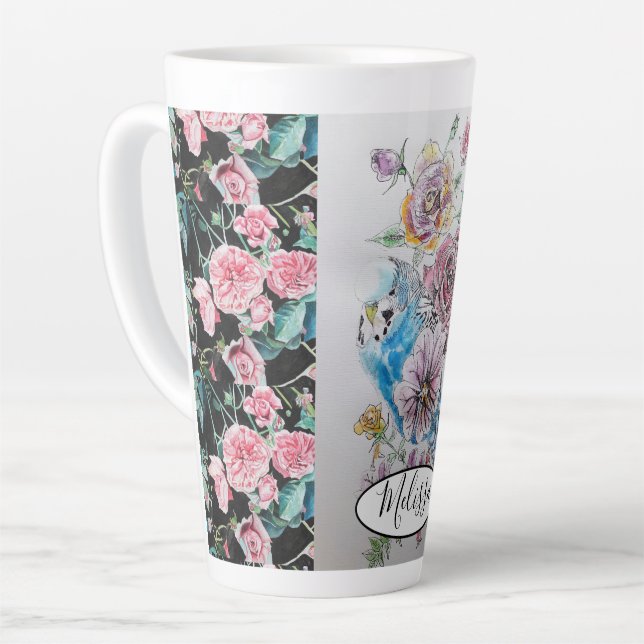 Tasse Latte Bougie Bleue Cute et Aquarelle Rose Rose (Angle gauche)