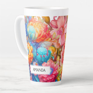 Tasse Latte Bouquet de fleurs orange et bleu Boho