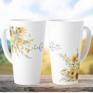Tasse Latte Bouquet de tournesols à l'aquarelle au monogramme 