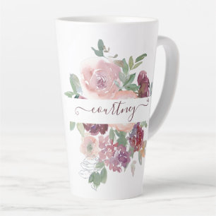Tasse Latte Bourgogne et floral aquarelle rose personnalisé  