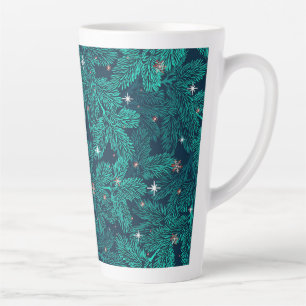 Tasse Latte Branches de pin sarcelle avec flocons de neige bla