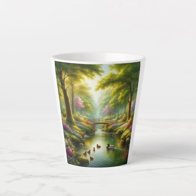 Tasse Latte Brook de printemps avec canards/fleurs (Devant)