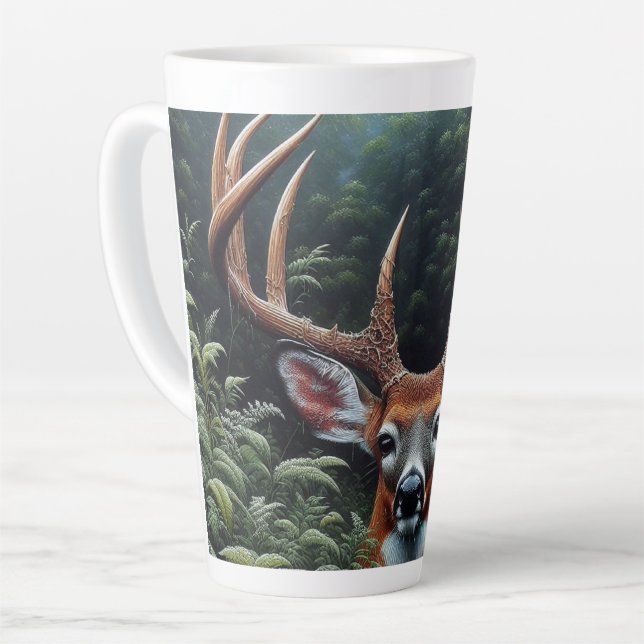 Tasse Latte Buck cerf blanc en feuillage vert (Angle gauche)