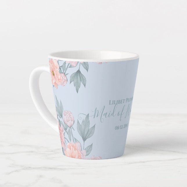 Tasse Latte Budget Pêcher Floral Dusty Blue Sage Mariage feuil (Angle gauche)