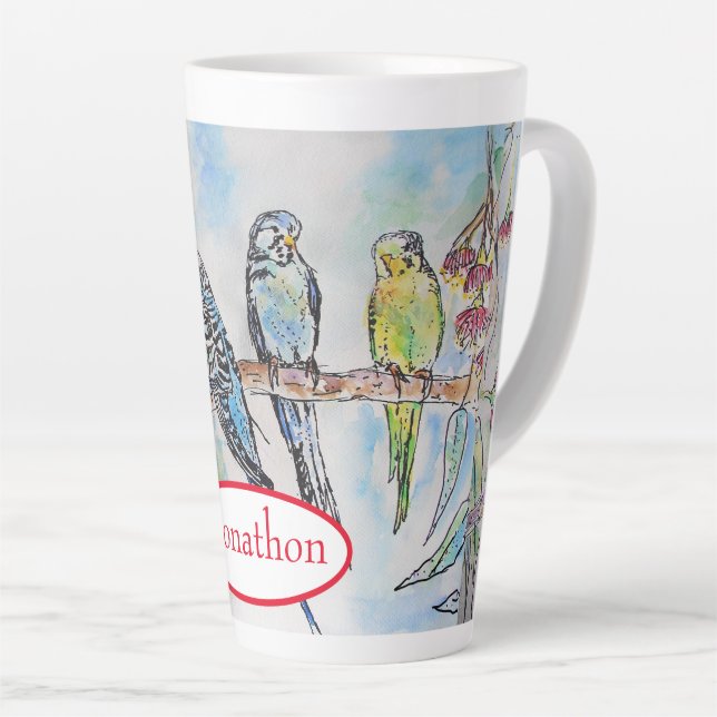 Tasse Latte Budgie Budgies Oiseau Aquarelle Peinture Oiseau (Angle droit)