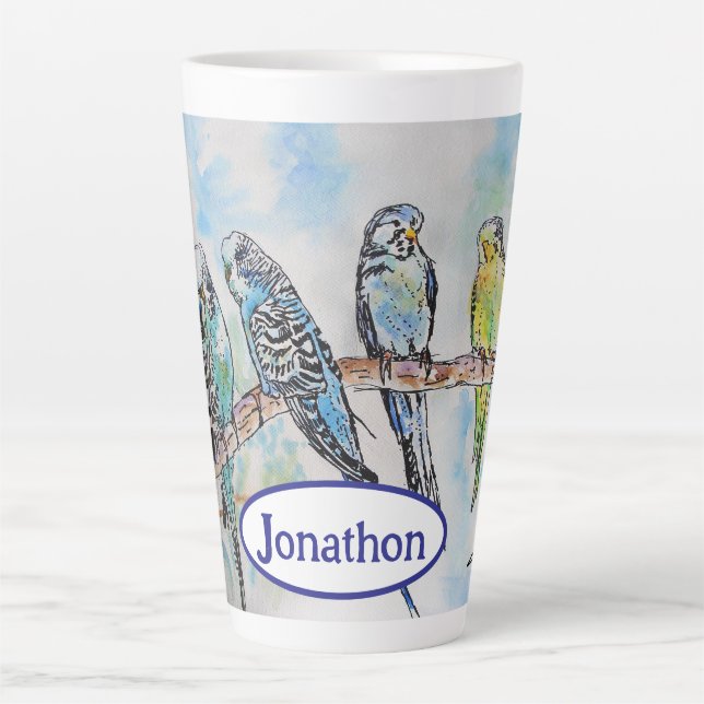 Tasse Latte Budgie Budgies Oiseau Aquarelle Peinture Oiseaux H (Devant)
