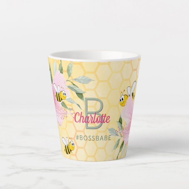 Tasse Latte Bumble abeilles jaune nid d'abeille rose (Devant)