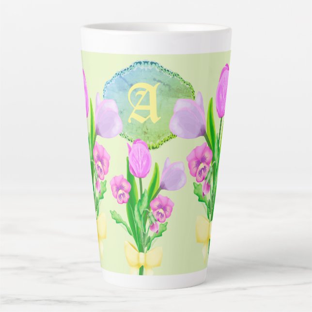Tasse Latte Bunch of Spring Flowers Custom Monogramme (Devant)