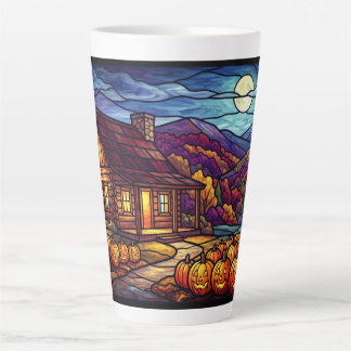 Tasse Latte Cabane et champ de citrouilles éclairés par la lun