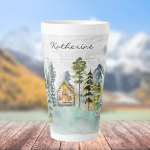 Tasse Latte Cabine de montagne de forêt rustique à aquarelle M