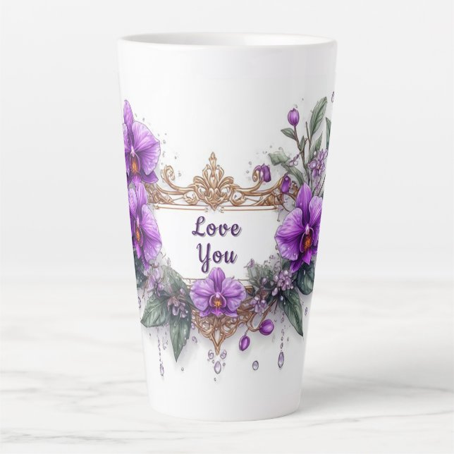 Tasse Latte Cadre floral d'orchidée violette (Devant)