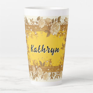 Tasse Latte Cadre floral orné vintage avec roses crème