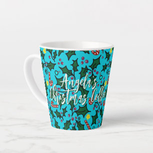 Tasse Latte Café de Noël Motif Bleu Aqua Avec Nom
