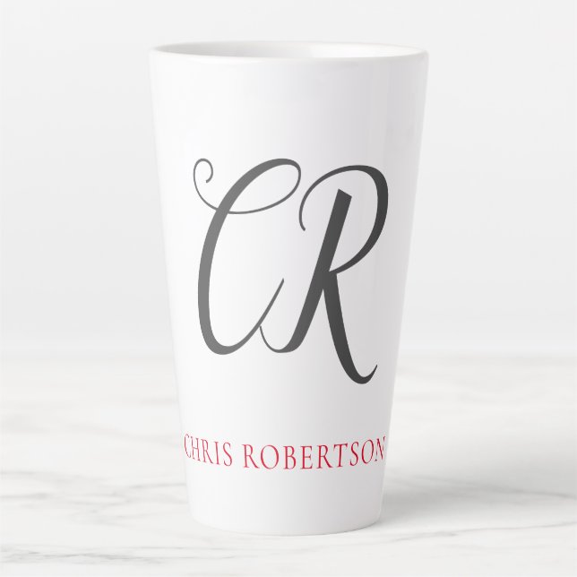 Tasse Latte Calligraphie Monogramme Nom Black Grey Cadeau pers (Devant)