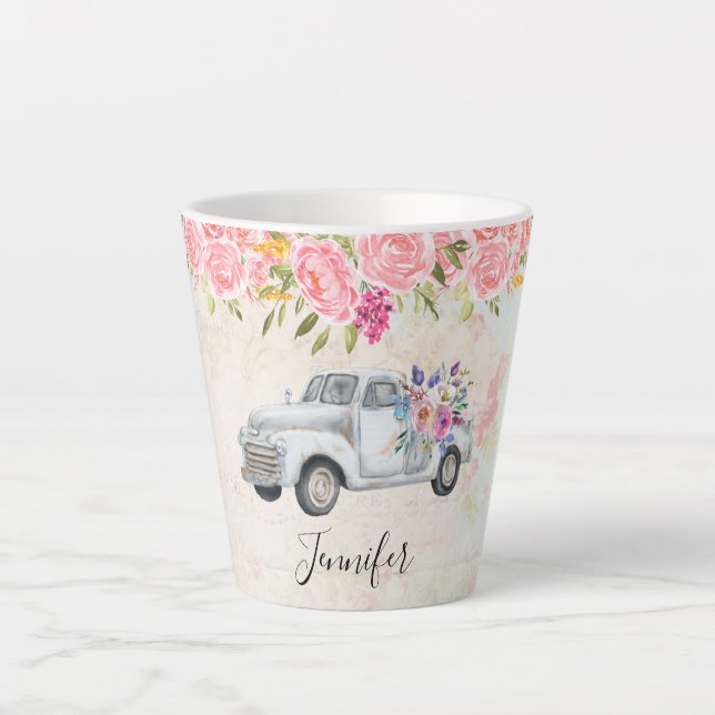 Tasse Latte Camion de ramassage vintage Aquarelle rustique (Devant)