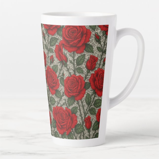 Tasse Latte Caneca de café Rosas Vermelhas sobre Renda Branca (Droite)