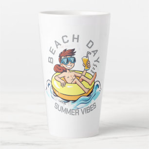 Tasse Latte Caractère de dessin de jour de plage sur anneau go