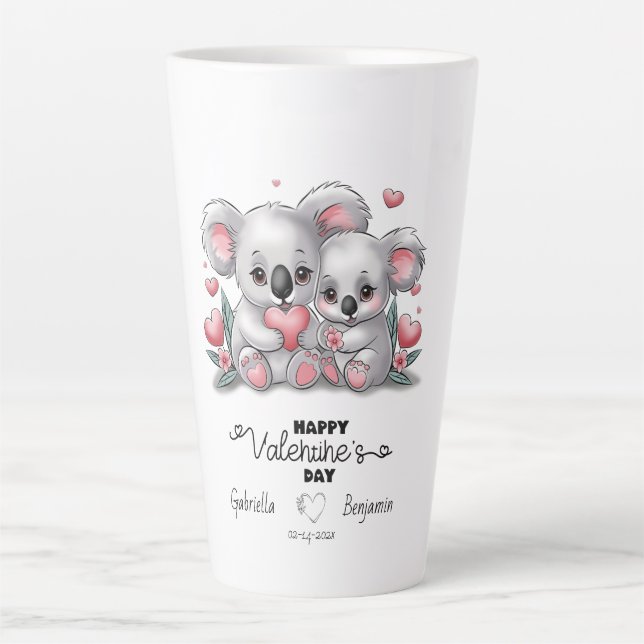 Tasse Latte Caricature adorée Koala Coeurs Saint Valentin (Devant)