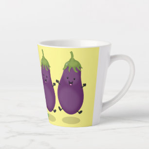 Tasse Latte Caricature d'aubergine d'aubergine joliment heureu