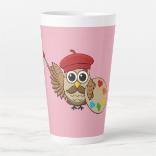 Tasse Latte Caricature de Chouette Peintre Cute