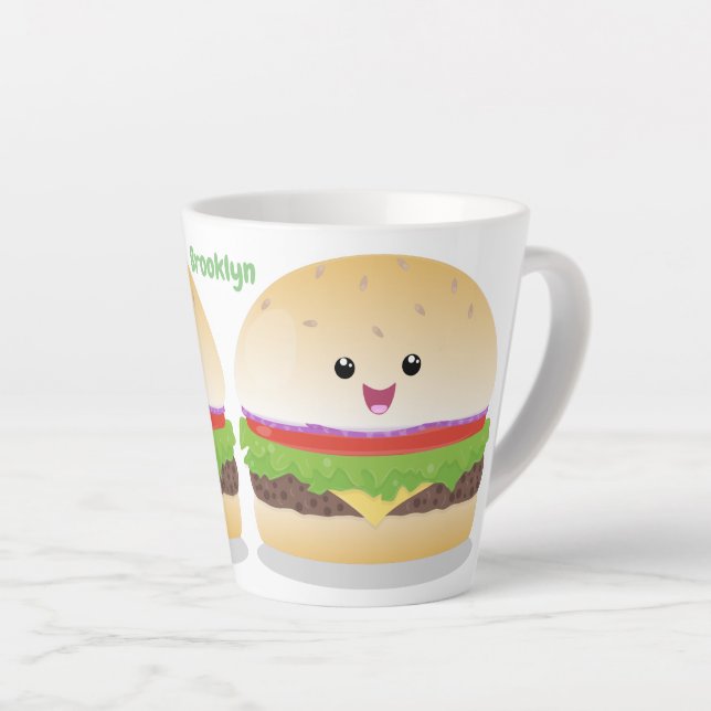 Tasse Latte Caricature de hamburger kawaii joyeux (Angle droit)
