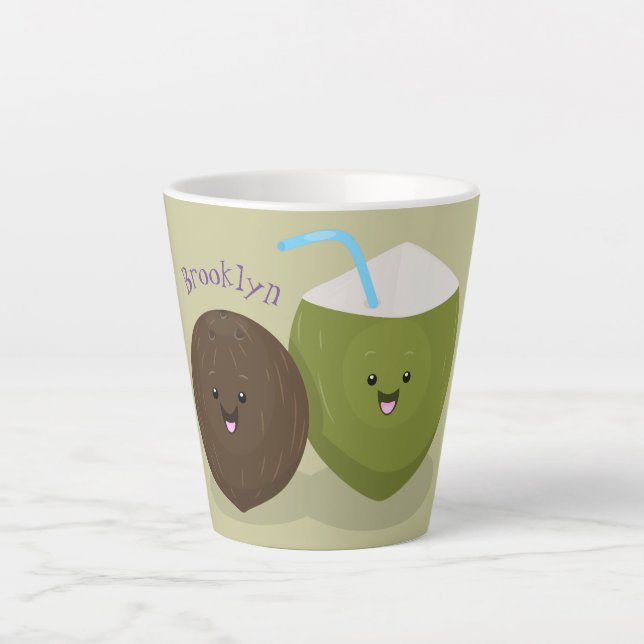 Tasse Latte Caricature de noix de coco kawaii joyeux (Devant)
