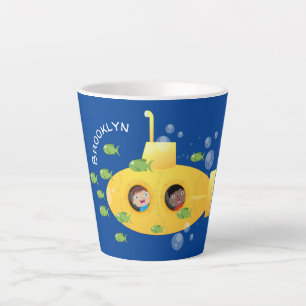 Tasse Latte Caricature de poisson sous-marin jaune mignon