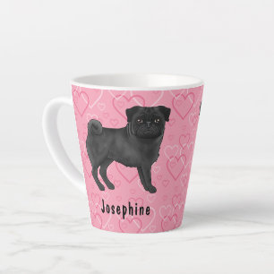 Tasse Latte Carlin noir Mops et coeurs roses avec nom