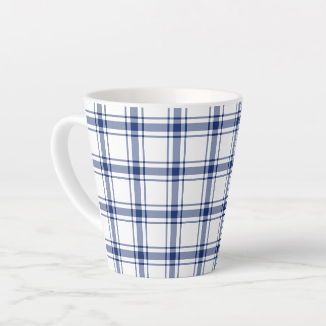 Tasse Latte Carreaux bleus et blancs nautiques (Angle gauche)