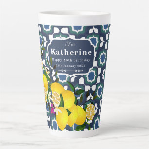Tasse Latte Carreaux Méditerranéens au Citron  Bleu Nuit Blanc