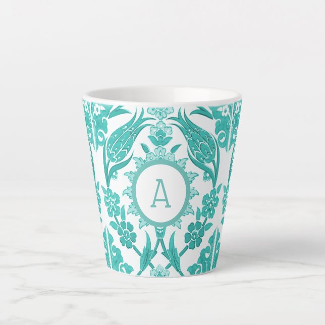 Tasse Latte Carrelage Turquoise et blanc | Monogramme (Devant)