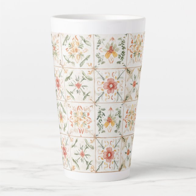 Tasse Latte Carrés Floraux Rose Jaune (Devant)