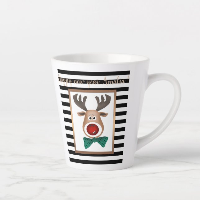 Tasse Latte Carte de cerf de Noël rayé noir blanc célébrer (Droite)