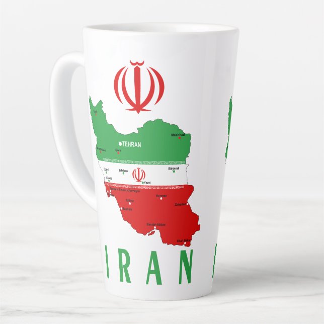 Tasse Latte Carte de l'Iran avec drapeau et emblème (Angle gauche)