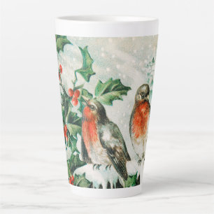 Tasse Latte Carte de Noël vintage avec rouges-gorges, houx, ég