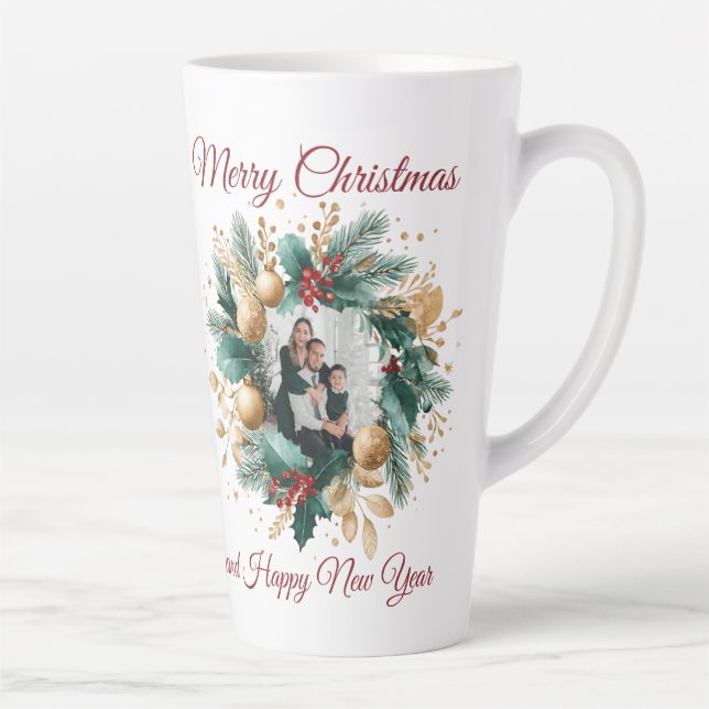 Tasse Latte Carte photo de couronne de Noël personnalisé (Droite)